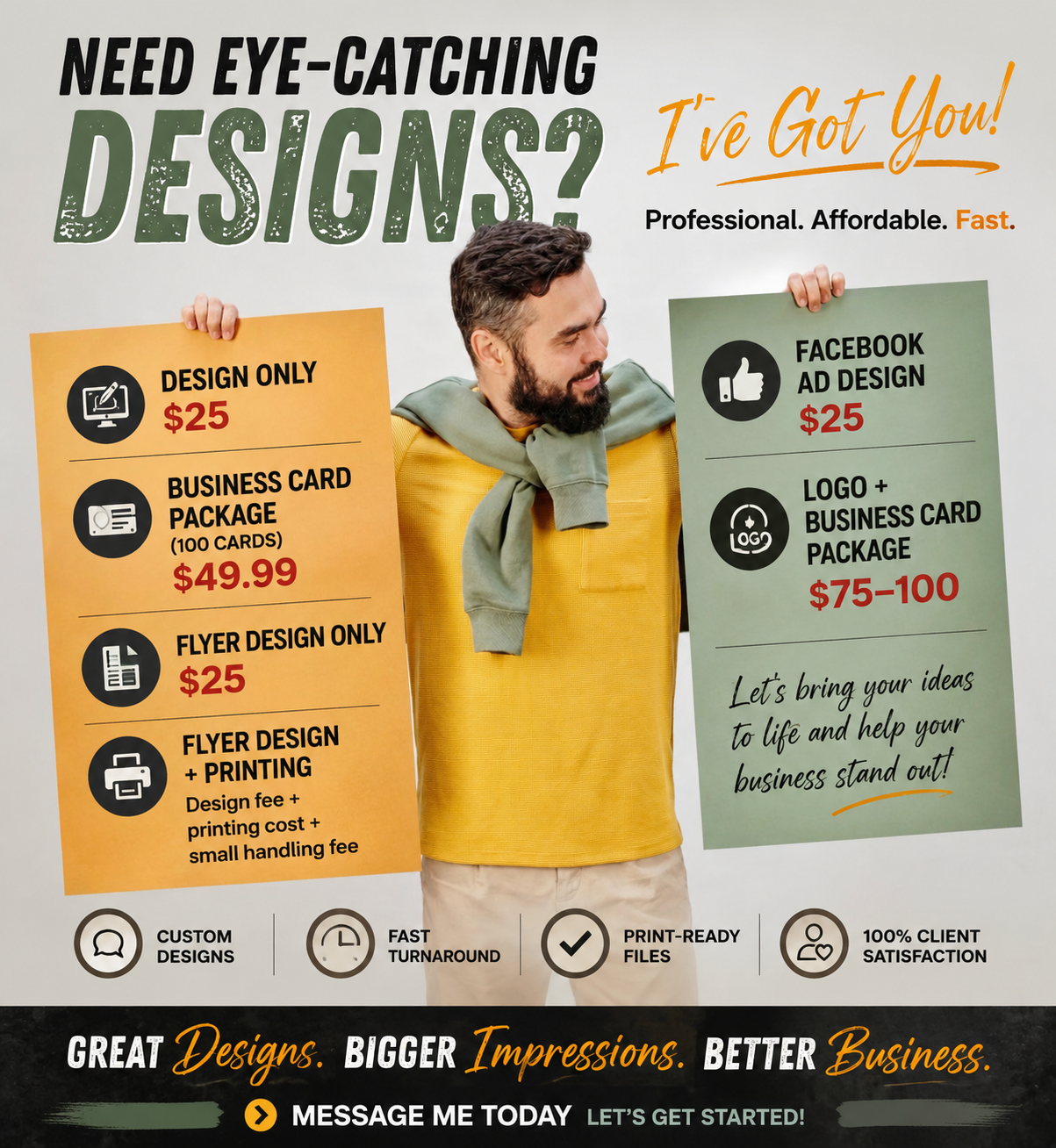 Promotional advertisement listing design services and pricing, with a man holding two service boards
