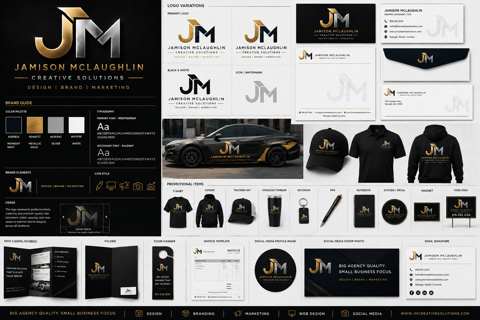 Complete brand identity sheet showing logo variations, color palette, typography, stationery, apparel, vehicle wrap, and promotional items